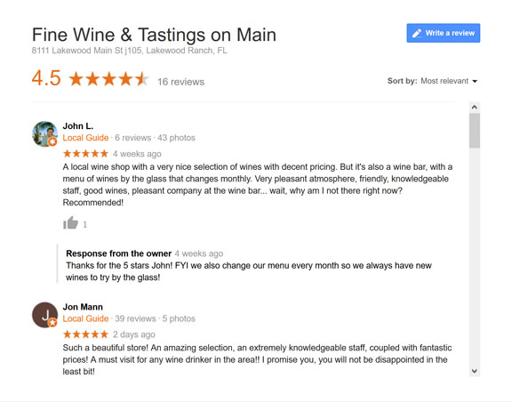 Google reviews Wine Bar & Wine Store Fine Wine and Tastings on Main