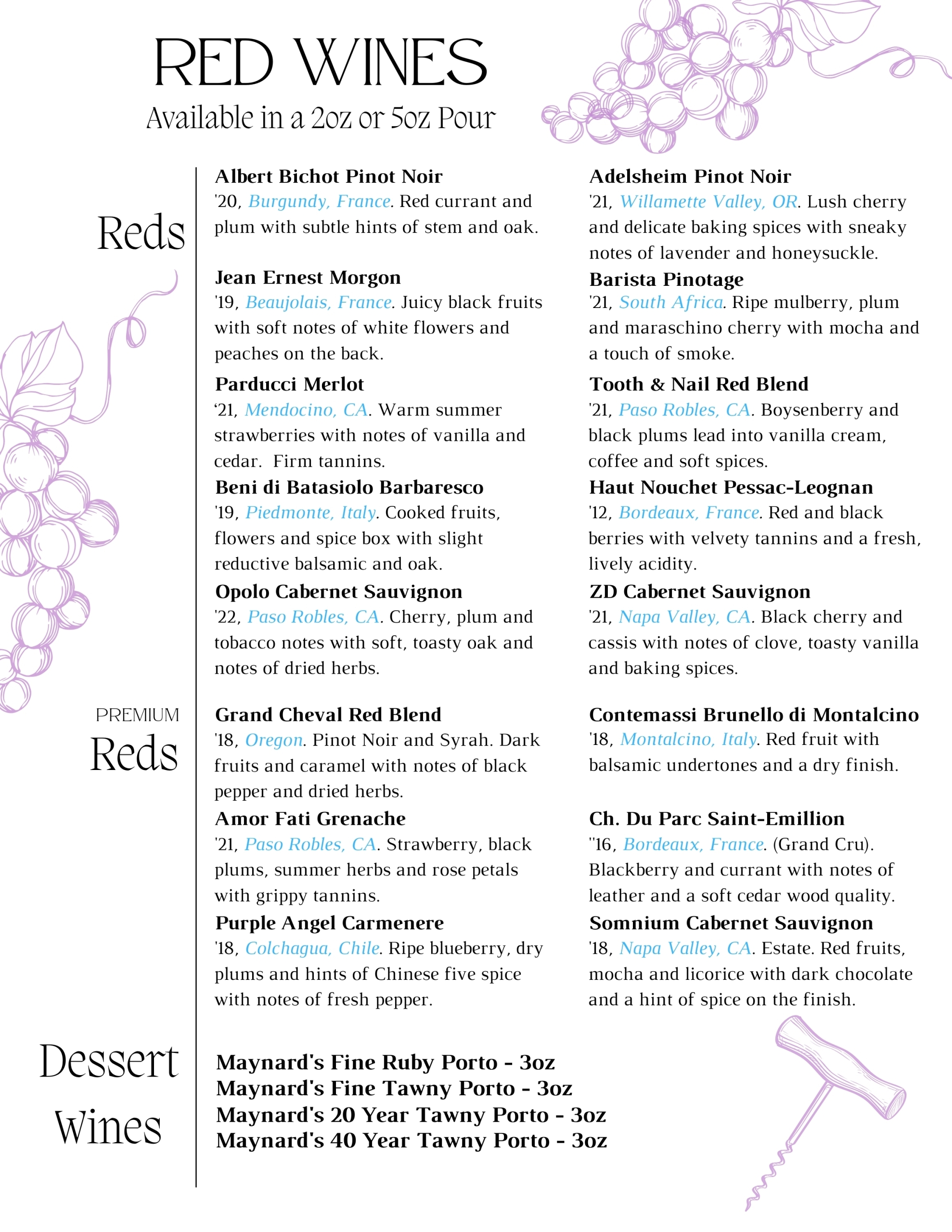Red Wines by the Glass January February at Fine Wine and Tastings on Main