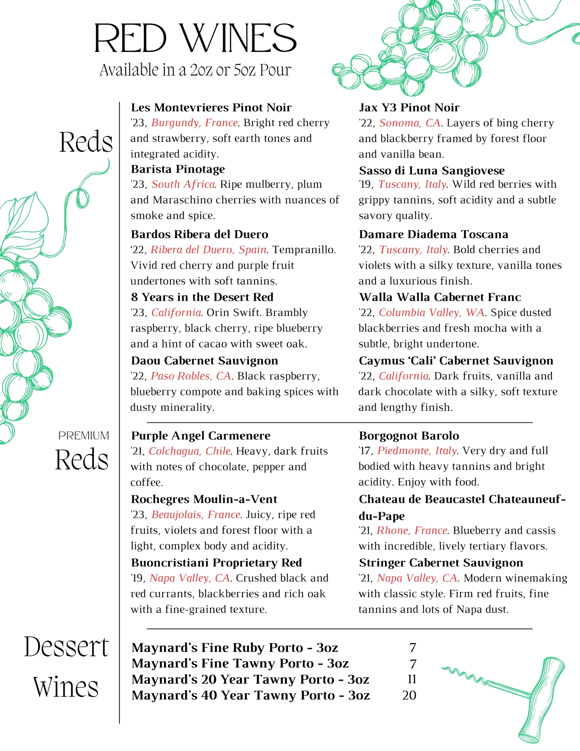 Red Wines by the Glass January February at Fine Wine and Tastings on Main