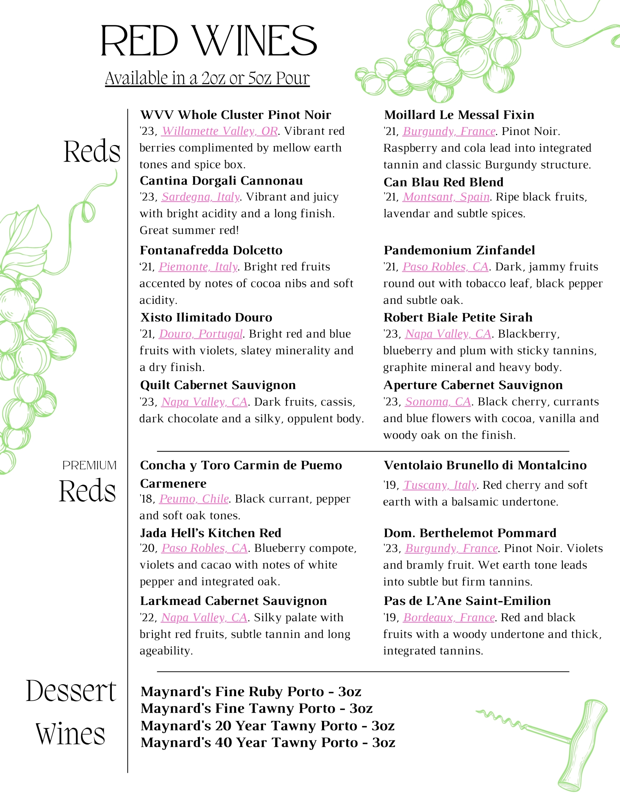 Red Wines by the Glass January February at Fine Wine and Tastings on Main