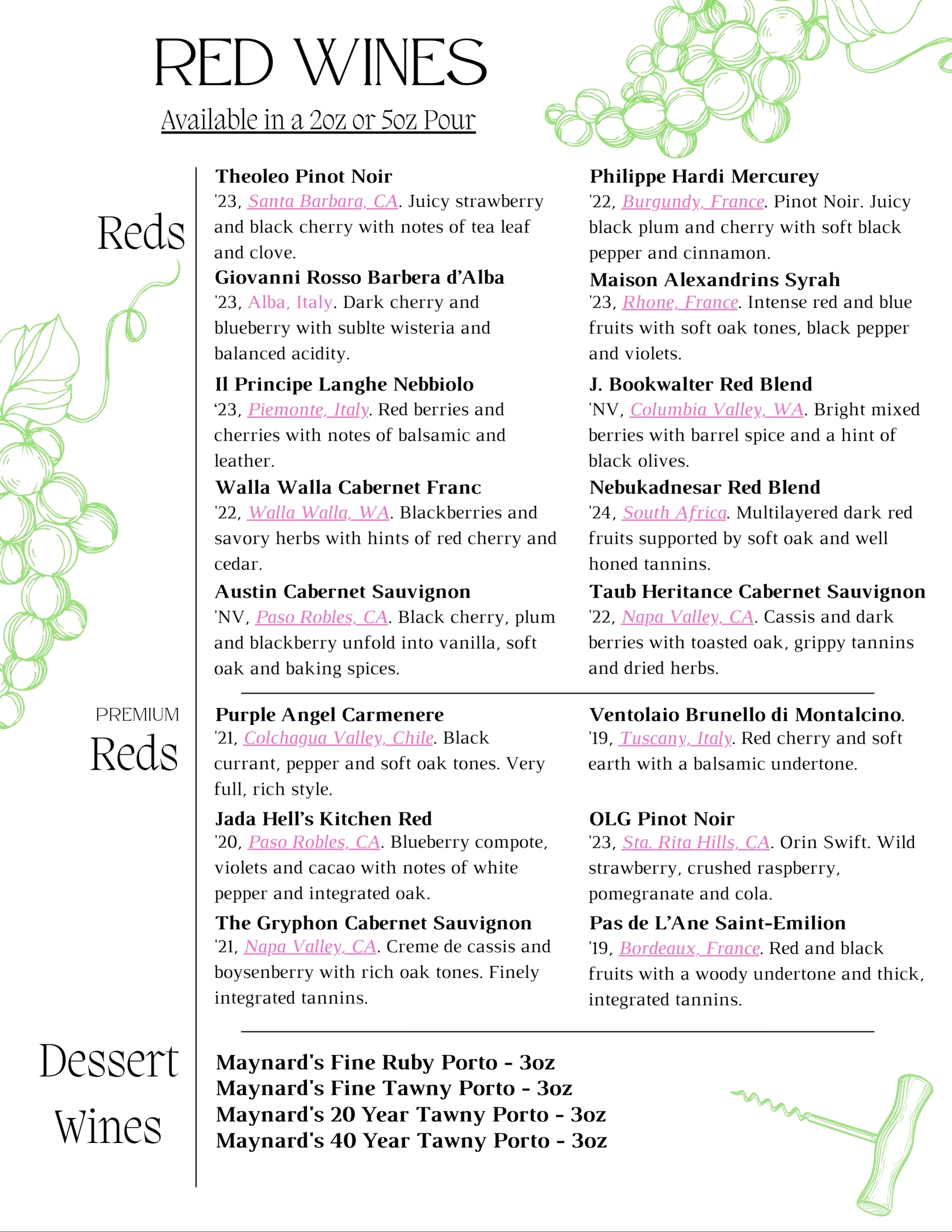 Red Wines by the Glass January February at Fine Wine and Tastings on Main