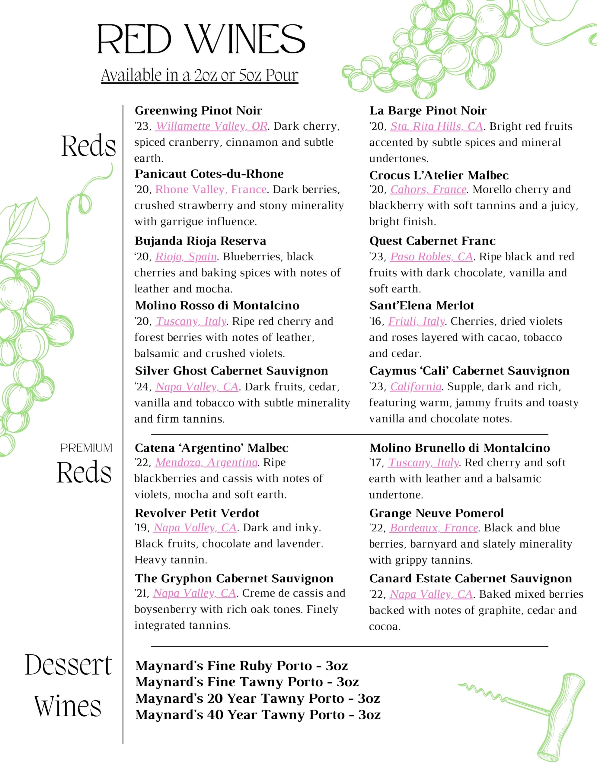 Red Wines by the Glass January February at Fine Wine and Tastings on Main